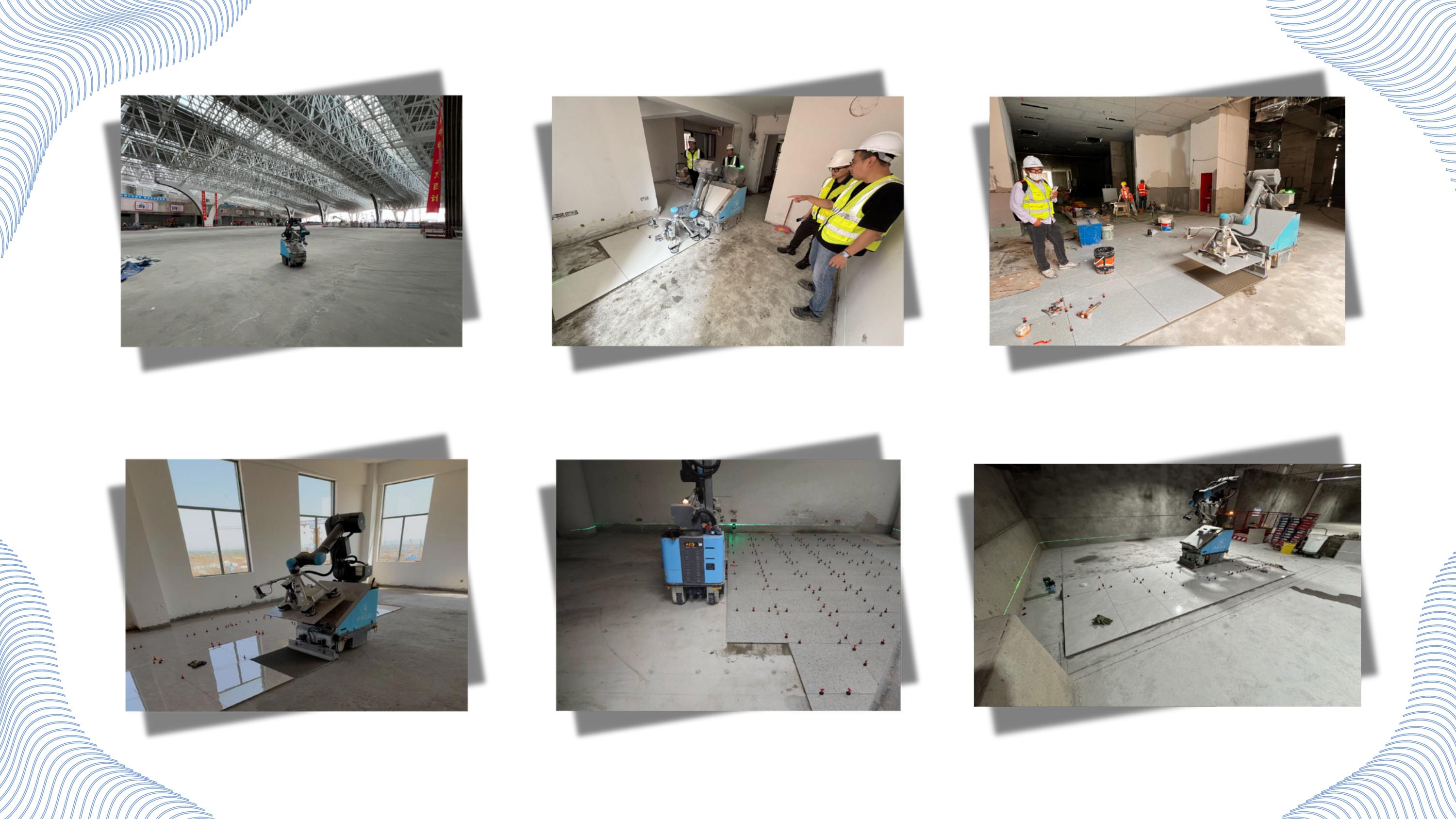 P900 floor-tiling robot shown across prepared flooring work areas
