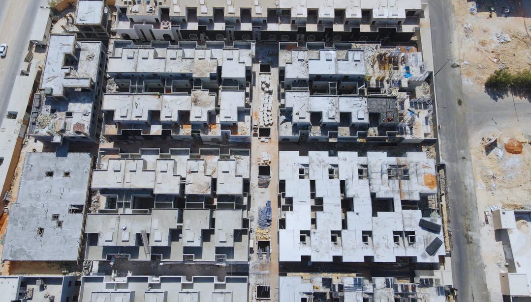 Top-down aerial view of the Al Ared project in Riyadh, showing rows of villa structures under construction