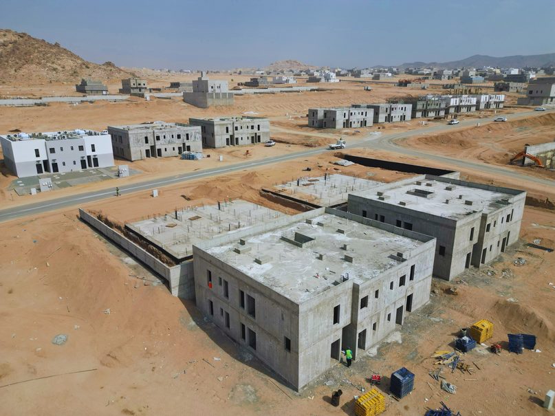 Elevated view of the Wadi Alsail project in Al Taif, showing concrete villa structures at different stages of construction